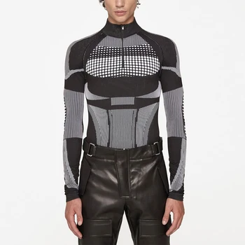 Нови основни блузи с дълъг ръкав 2023 г., мъжки дрехи, Модерен пуловер в стил мозайка с висока яка, мъжки пролетно облегающая тениска с цип, градинска облекло