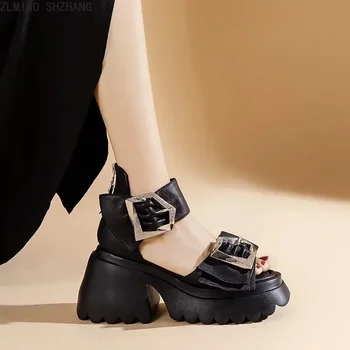 Летни нови римски обувки с дебел ток, с подсилена катарама от страз, Френски дамски сандали Mary Jane с цип отзад, черни
