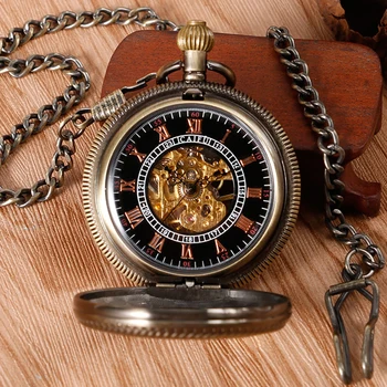 Антични Класическа бронз, прозрачен скелет, джобни часовници с механично ръчно от висулка в стила Steampunk, Верига, Коледни подаръци