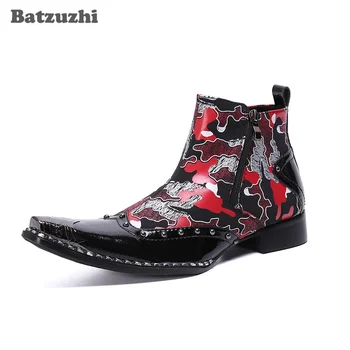 Мъжки обувки Batzuzhi в стил пънк-рок, Кожени Ботильоны с остър метален пръсти, Официални делови вечерни и булчински, Голям е Размерът на US6-US12