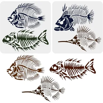2 броя Шаблони За Рисуване Рибни Вкаменелости 11,8x11,8 инча Многократна употреба Рибни Кости Шаблон Семейна Декорации DIY Занаятите Шаблони за Риба