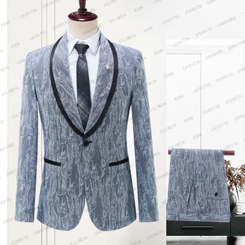 2023 Модерен светло синия деним Жаккардовый Всекидневни бизнес смокинг на една пуговице, мъжки костюми, оборудвана костюм на Младоженеца, комплект от 2 теми, мъжко сако, панталони