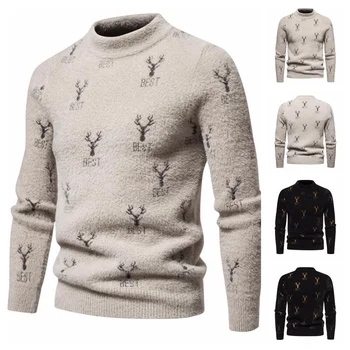 Нов висок клас Топъл мъжки пуловер, жаккардовый пуловер с кръгло деколте, оборудвана мъжки ежедневни пуловер с бродерия под гърлото и яка-часова