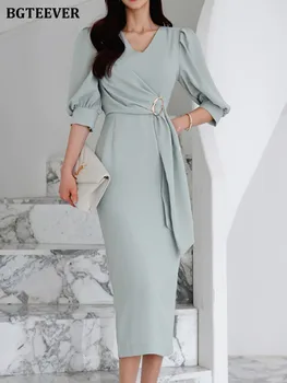 BGTEEVER, Винтажное женски дебнещ рокля с V-образно деколте и с пищните ръкави 2022, пролет-лято, елегантна женствена рокля-молив с тънка талия и колан, vestido