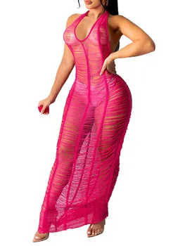 Женското сексуално сетчатое плажна рокля-наметало с деколте лодка и завязкой в областта на шията - Y2K Плажни дрехи за стилен начин