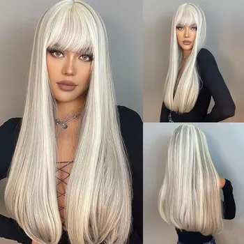 White platinum блондин Дълги прави перуки, направени от синтетични косми с бретон за жени за всеки ден Cosplay Огнеупорни перука от естествена коса