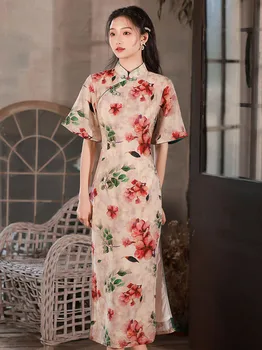 Чонсам в китайски стил с много ръкав, Новост Пролетта 2023, Цветен принт, женски коварен Ципао в ретро стил, Елегантен Традиционен Дълга рокля