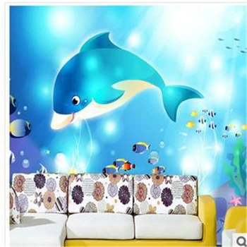 beibehang Детска стая Хол Момче делфин ТЕЛЕВИЗИЯ фон тапети на стенописите коприна тъкани карикатура на подводния свят papel de parede