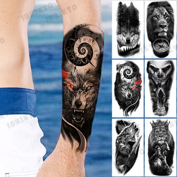 Временни татуировки на ръката до лакътя с Вълк и Компас За мъже, Възрастен Лъв, Войн Горски Crown, Фалшива Татуировка, Водоустойчив Татуировка за боди арт