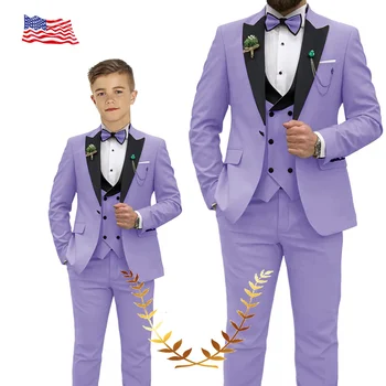Мъжки костюм лавандула цвят, яке, Панталони, жилетка, носи вратовръзка, комплект от 4 теми, Смокинг за младоженеца красив оборудвана облекло за бащата и детето