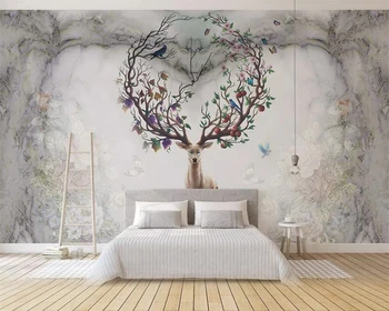 Потребителски тапети снимка Скандинавски ретро ретро лосове във формата на сърце от мрамор фон дневна спалня стенописи, 3d тапети