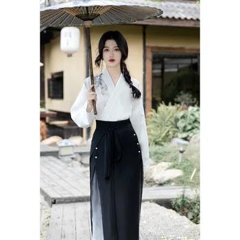 Yourqipao, рисуването с туш в китайски стил, обличам Hanfu, блуза с кръстосано яка, черна перлена пола с конете муцуна, по-добра модерна Hanfu