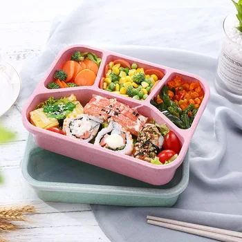 Японски обяд-бокс Bento от слама, пшеница, студентски обяд-бокс, работна Портативна Микровълнова печка, Квадратна Решетчатая кутия за бързо хранене