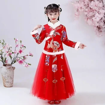 Детска коледна дрехи, рокли от епохата на Тан за момичета, кадифе сгъстено рокли за принцеси, Китайски зимни рокли, чонсам, ха