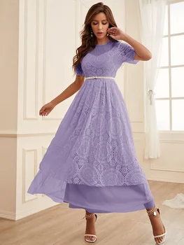 Луксозни и висококачествени вечерни рокли с дантелени вкара подплата в стил мозайка 2023, женски лилава рокля макси с цип отзад, с къс ръкав и кръгло деколте, трапецовидна форма