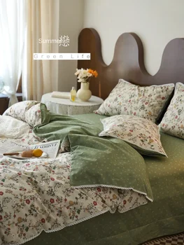 Комплект от четири обекта от памук в ретро стил с цветна градина, бельо и спално бельо от чист памук за двойно легла, пухени, чаршаф