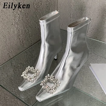 Eilyken 2024, женски ботильоны джоб с остри пръсти в уличном стил, дамски обувки за бала на нисък ток с кристал катарама