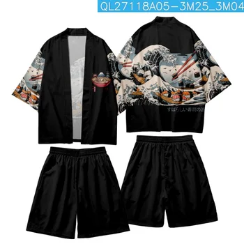 Двойка Жени, Мъже Азиатската облекло Кимоно с шарките на суши Harajuku Japan Wave Японски Casual без жилетка И плажни шорти