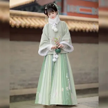 Ново зимно дамско палто с дебел квадратен яка и къси ръкави в стил от династията Мин Ханфу, пола с лошадиным лице, старият зимен костюм