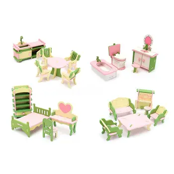 4 комплект дървени куклена къща миниатюрни мебели пъзел модел за деца детски играчки