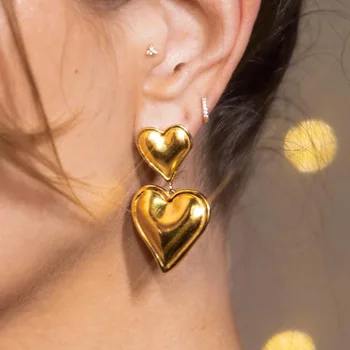 Луксозни двойни обеци-карамфил под формата на сърце от неръждаема стомана с позлатени от гладко титан Love Модни обеци-капки за жени