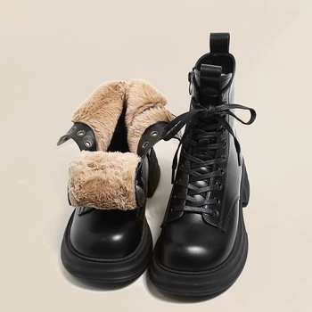 Дамски ботильоны на платформата с шнур, черни кожени топли ботильоны, дамски зимни обувки, дамски обувки с кадифена подплата