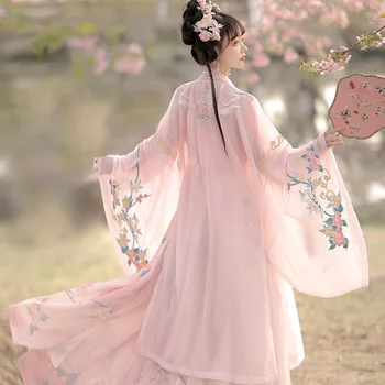 Оригинален костюм в стил Ханьфу с дълги ръкави с розова бродерия и пола Qiwaist, сияещ Древното очарование, вдъхновено от династией Сонг