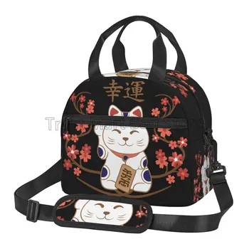 Японската чанта за обяд Лъки Котка за жени-юноши и момичета, за многократна употреба изолиран обяд-бокс с пагон, водоустойчив здрава чанта-тоут