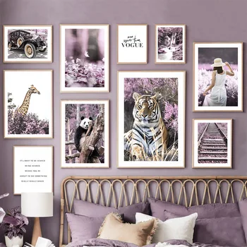 Тигър, жираф, лист кактус, кола, момиче, лилаво пейзаж, плакат и щампи, монтиране на изкуството, платно, картини, декорации за стени