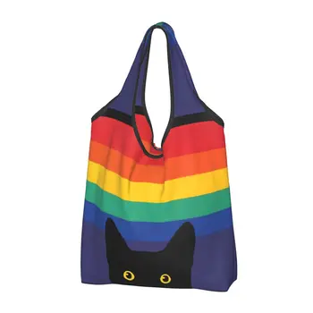 Модерна чанта за пазаруване Peeking Cat In Rainbow Circle, преносима чанта за пазаруване в магазин за хранителни стоки ЛГБТ-гей-прайда, наплечная чанта за пазаруване