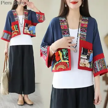 Дамски блузи Hanfu в китайски стил в ретро стил, Традиционна и елегантна дамска блуза, модерен Ориенталски дрехи, ризи Дзен Чай с хлопковым ленено принтом