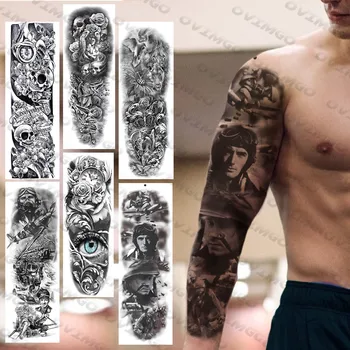 Временни татуировки Черно Войник На ръкавите за мъже, Жени, юноши, Стикер с татуировка във формата на часовник с черепа, Очите на Дявола, 3D Татуировка на цялата ръка