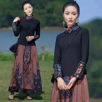 2024 традиционната китайска реколта риза с яка-часова, бродирани националното цвете, ориенталски костюм от епохата на тан, като основната риза в етнически ретро стил.