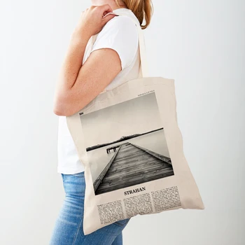 Пейзаж от вестник Sydney Coconut Tree City Черно-бяла чанта за пазаруване с принтом, модерни ежедневни дамски чанти за пазаруване през рамо