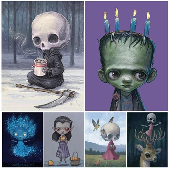 Смърт и горещо кафе, Франкенщайн и свещ, Вампири и портокали, Абстрактна стенни картини, печат върху платно, плакат с изображение на фантастични същества