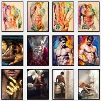 Гейовете Плакати с гол на боди-артом, Абстрактно Секси тяло, платно, живопис, Графика, Стенни рисунки, Декорация за дома в хола, в спалнята