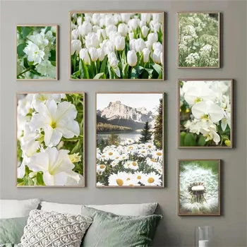 Бяло цвете, Растение Картина върху платно Стенно изкуство Пролетен свеж пейзаж Плакат и принт за модерният домашен интериор дневна