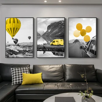 Съвременен уличен жълтата топка, черно и бяло платно, постери и щампи, декор, стенни рисунки за хол, спалня