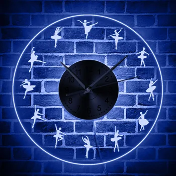 Led стенни часовници Ballerina Iconic Dancers, прозрачни декоративен часовник с акрил на подсветката по краищата, стенни часовници с цветна подсветка