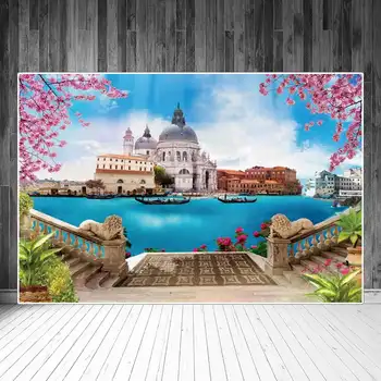 Венеция, Италия, на крайбрежната Алея, платформа, Живописни декори, декори за снимките, старинни сгради, Цветя, стълби, лодки, Фотофоны