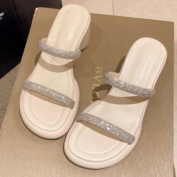 Comem Дамски обувки, Лято 2023, Нови женски кристални чехли, Обувки на висок масивна ток, сандали, дизайнерски Секси високи обувки-лодка с пързалка