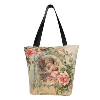 Виктория Ангел Реколта чанта за пазаруване с рози, забавен принт, холщовая чанта за пазаруване, чанта през рамо, по-голямата голям Моющаяся чанта