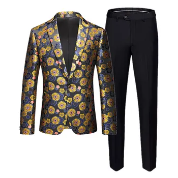 (Сако + Панталон Нов Мъжки Костюм С Цветен Модел, Модерен Бизнес Сватбен Смокинг За Бала, Мъжки Тънка Жаккардовая Облекло