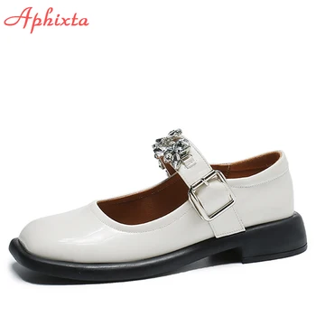 Aphixta 2021, Луксозни Кожени обувки с катарама, Женски обувки на равна подметка, Мокасини с блестящи кристали, Квадратен чорап върху плоска подметка за студенти