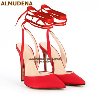 ALMUDENA/ ярко червени, Розови, Зелени Сатен на Модела обувки-лодка с остри пръсти, дантела, 12 см, 10 см, 8 см, Вечерни обувки на висок ток, Плитки Вечерни обувки