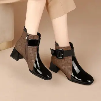 Есенни женски ботильоны 2022 г., къси ботуши на дебел висок ток от изкуствена кожа, зимни дамски обувки с квадратни пръсти с цип