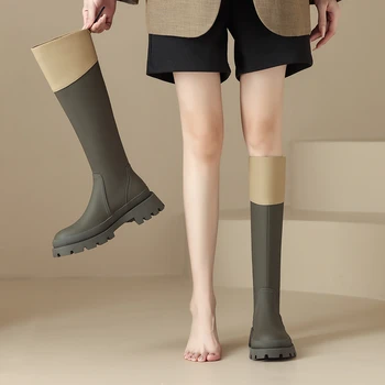 Дамски дълги ботуши по френски цветен блок, есен и зима 2023, нови обувки на дебела подметка, високи ботуши, престрелки ботуши, женски