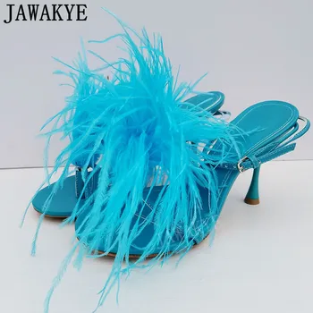 Пикантен дамски сандали на висок ток от страусиного кожа, тясна лента, клипове, сватбени обувки от естествена кожа, летни обувки, за да се на модния подиум с пухкави пера