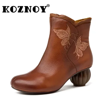 Koznoy/ Ботильоны от Телешка естествена кожа на платформата 5,5 см, 2023 Удобни Дамски Пролетни Мокасини, Есенен Дамски Обувки на масивна ток в етнически стил
