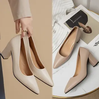 Дамски модел обувки на висок ток с остър пръсти и шнур, офис дамски маркови обувки-лодка без закопчалка, сандали с отворени пръсти 2023 година, обувки на масивна ток